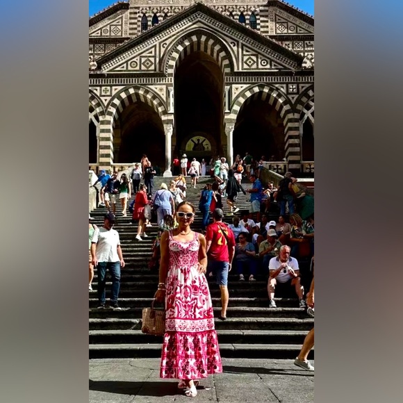 Italian Designer Style Custom Made Magenta Pink & White Majolica Maxi Dress XL - Picture 5 of 6